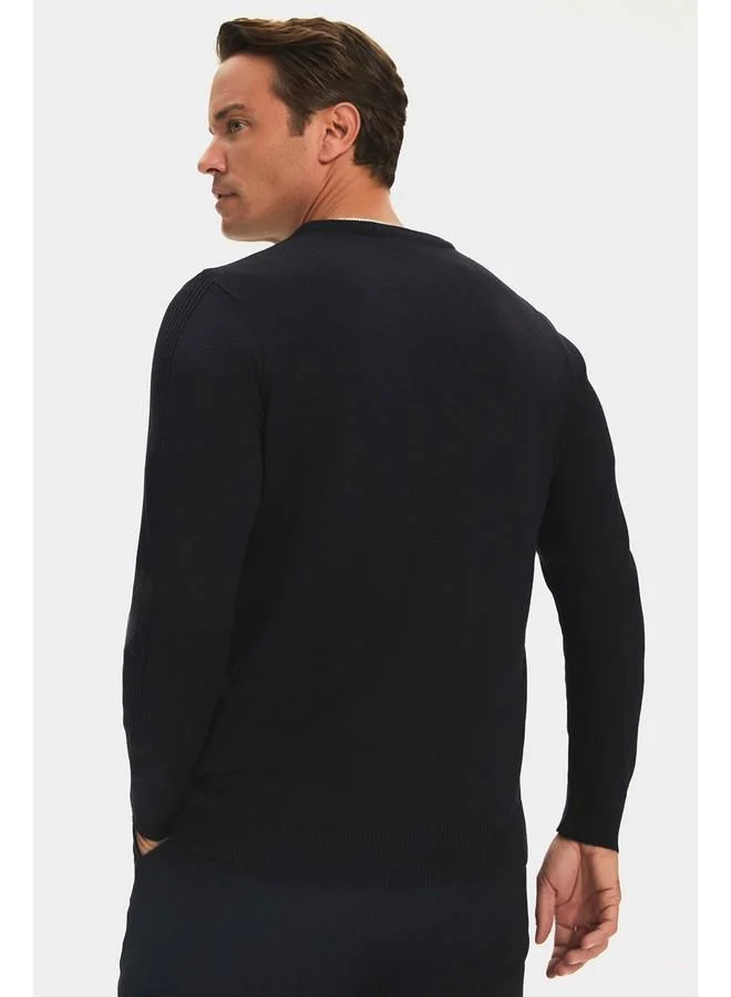 JUNE June Men Regular Fit Crew Neck Sleeve Knit Detailed Knitwear Sweater Navy