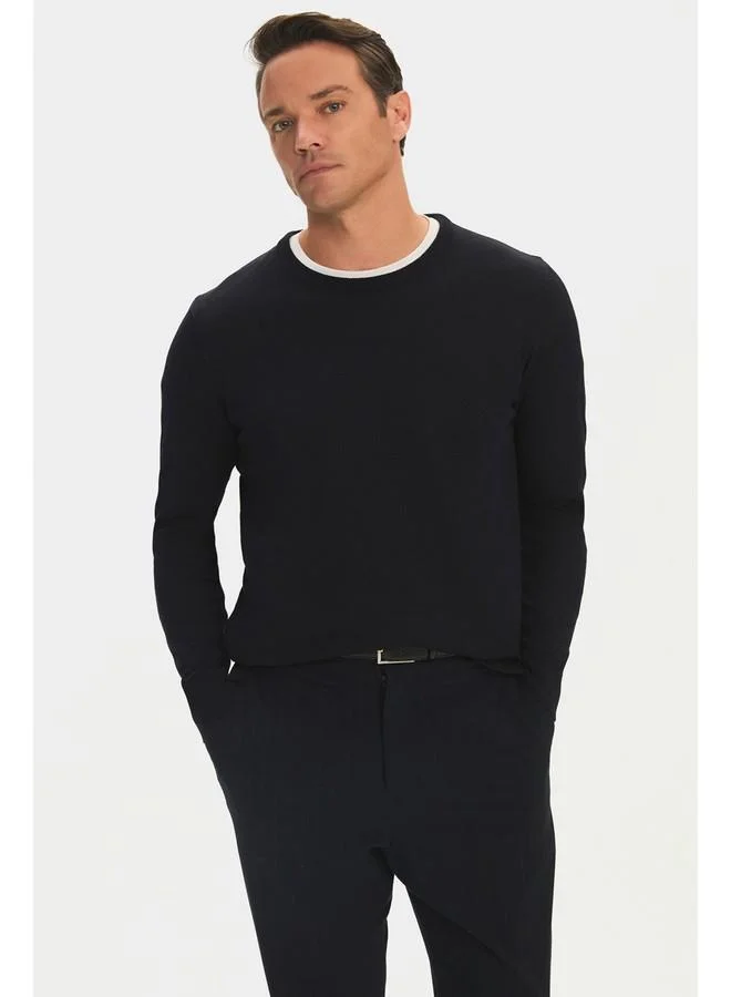 JUNE June Men Regular Fit Crew Neck Sleeve Knit Detailed Knitwear Sweater Navy