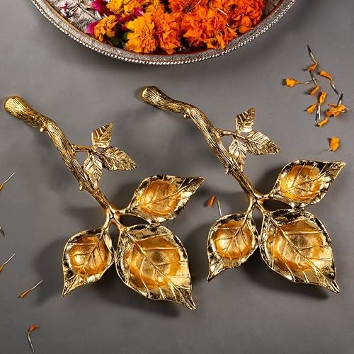 GIBOX Aarti Dia Leaf Design Traditional 3 in One Gold Plated Metal Urli For Puja Ritual With Handle Floral Branch As Handle Shape Home Decoration Handcrafted Home Decor Diwali Decorative Item With Box - Image 4