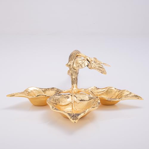 GIBOX Aarti Dia Leaf Design Traditional 3 in One Gold Plated Metal Urli For Puja Ritual With Handle Floral Branch As Handle Shape Home Decoration Handcrafted Home Decor Diwali Decorative Item With Box - Image 5