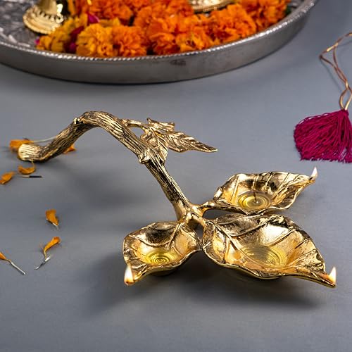 GIBOX Aarti Dia Leaf Design Traditional 3 in One Gold Plated Metal Urli For Puja Ritual With Handle Floral Branch As Handle Shape Home Decoration Handcrafted Home Decor Diwali Decorative Item With Box - Image 1