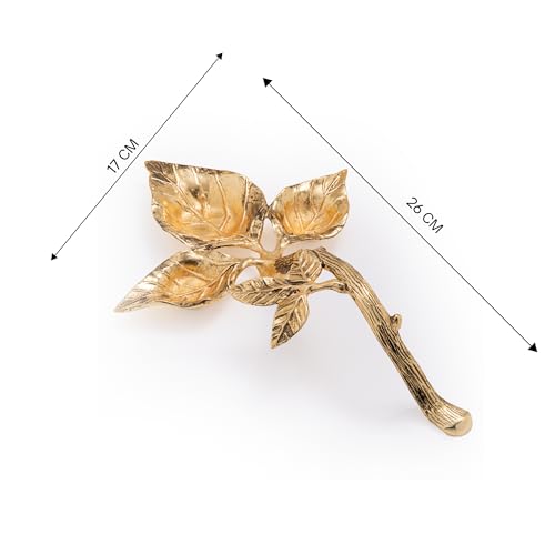 GIBOX Aarti Dia Leaf Design Traditional 3 in One Gold Plated Metal Urli For Puja Ritual With Handle Floral Branch As Handle Shape Home Decoration Handcrafted Home Decor Diwali Decorative Item With Box - Image 3