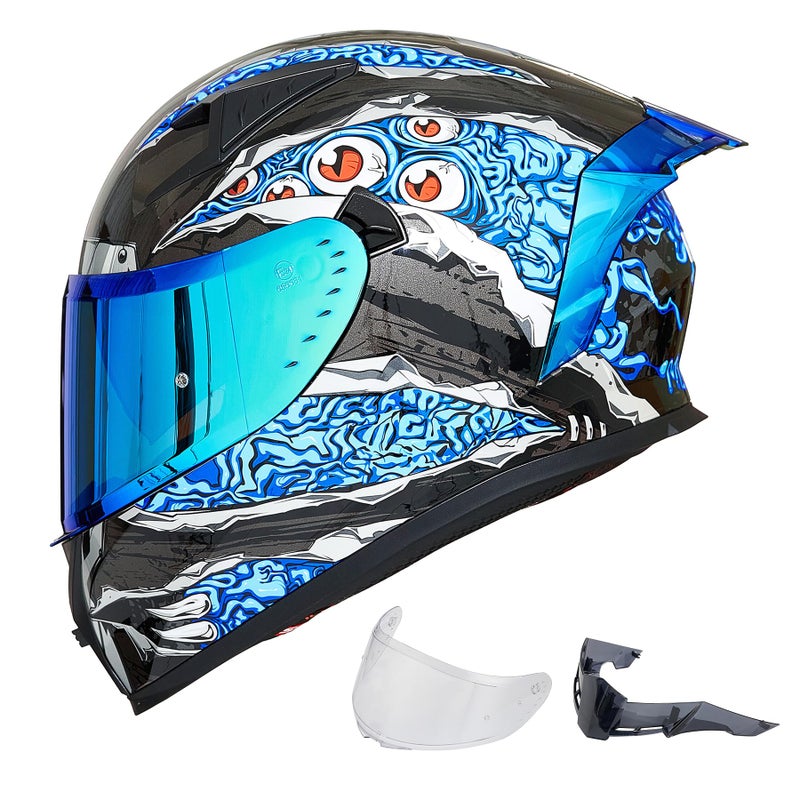 ILM Motorcycle Helmet Full Face with Pinlock Compatible ClearTinted Visors and Fins Street Bike Motocross Casco DOT Model Z501Manta Blue Large