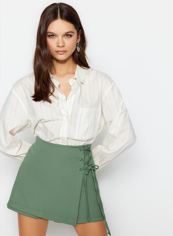 trendyol Khaki Tie and Eyelet Detailed Woven Shorts Skirt  - Image 2