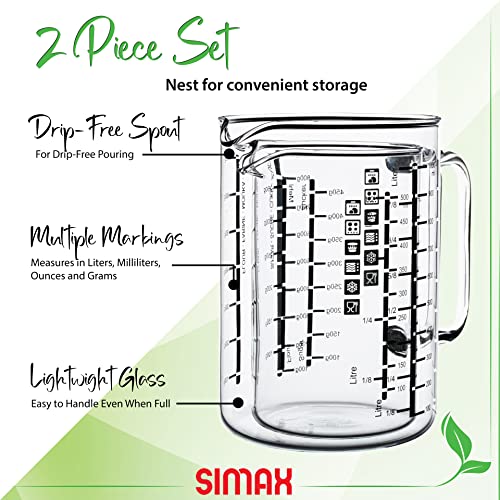 Simax Glass Measuring Cup, Durable Borosilicate Glass, Pack of 2 includes 32 oz and 16 oz Easy to Read Metric Measurements in Liter, Milliliter, Ounce, Sugar Grams, Drip Free Spout, Microwave Safe - Image 2