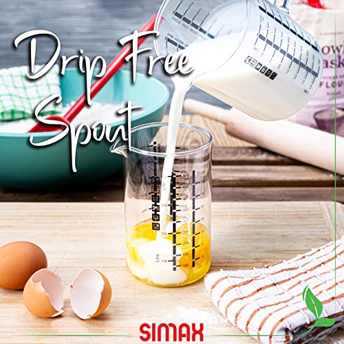 Simax Glass Measuring Cup, Durable Borosilicate Glass, Pack of 2 includes 32 oz and 16 oz Easy to Read Metric Measurements in Liter, Milliliter, Ounce, Sugar Grams, Drip Free Spout, Microwave Safe - Image 5