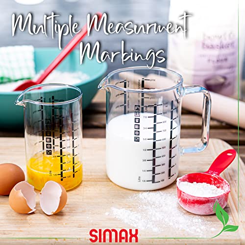 Simax Glass Measuring Cup, Durable Borosilicate Glass, Pack of 2 includes 32 oz and 16 oz Easy to Read Metric Measurements in Liter, Milliliter, Ounce, Sugar Grams, Drip Free Spout, Microwave Safe - Image 4