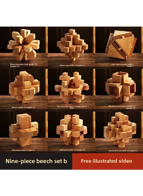 Kongming Lock Luban Lock Full Set Development Intelligence Unpacking Children's Toys Male 6-12 Birthday-Color:Beech 9-piece Set B [recommended For Primary School Students]