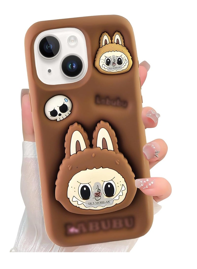 iPhone 15/iPhone 14/iPhone 13 (6.1-inch) Cute 3D Labubuo Phone Case - Retractable Stand & Cartoon Grip, Kawaii Soft Silicone Protective Cover for Women, Girls, Kids and Teens (Brown) - Image 1