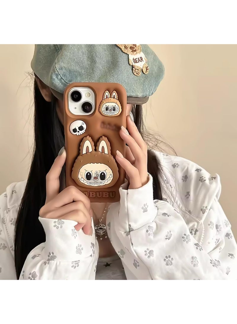 iPhone 15/iPhone 14/iPhone 13 (6.1-inch) Cute 3D Labubuo Phone Case - Retractable Stand & Cartoon Grip, Kawaii Soft Silicone Protective Cover for Women, Girls, Kids and Teens (Brown) - Image 4