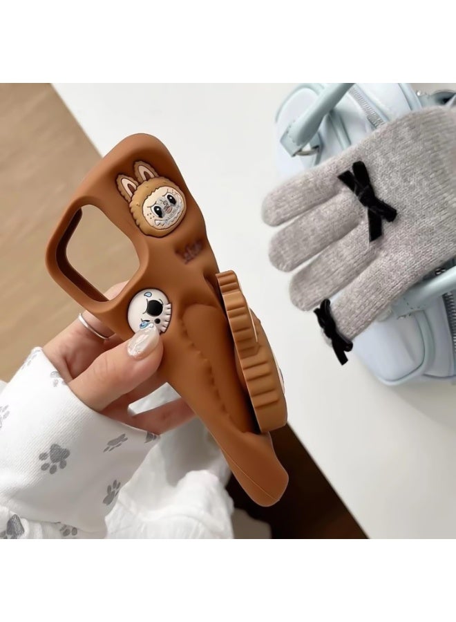 iPhone 15/iPhone 14/iPhone 13 (6.1-inch) Cute 3D Labubuo Phone Case - Retractable Stand & Cartoon Grip, Kawaii Soft Silicone Protective Cover for Women, Girls, Kids and Teens (Brown) - Image 3