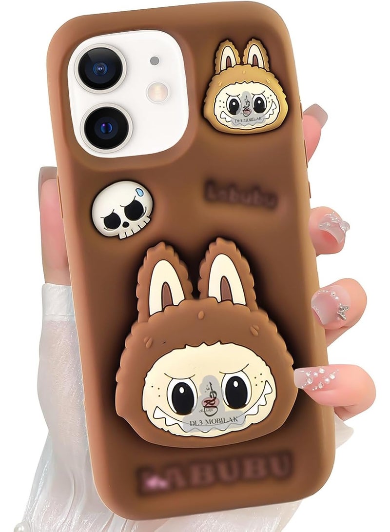 iPhone 15/iPhone 14/iPhone 13 (6.1-inch) Cute 3D Labubuo Phone Case - Retractable Stand & Cartoon Grip, Kawaii Soft Silicone Protective Cover for Women, Girls, Kids and Teens (Brown) - Image 2