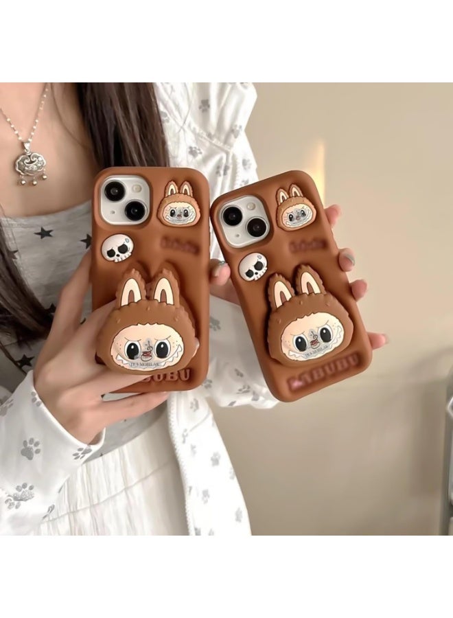iPhone 15/iPhone 14/iPhone 13 (6.1-inch) Cute 3D Labubuo Phone Case - Retractable Stand & Cartoon Grip, Kawaii Soft Silicone Protective Cover for Women, Girls, Kids and Teens (Brown) - Image 5