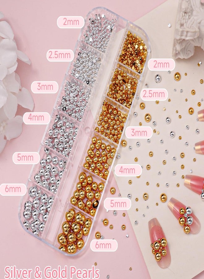 Uotey 2 Boxes Flatback Pearls for Nail, Gold Silver Nail Beads for Nail Art, Mixed Sizes White Beige Half Pearl Nails Charms Gems, ABS Round Plastic Beads Accessories for Acrylic Nails Manicure Decor - Image 3