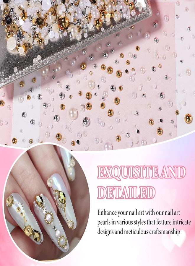 Uotey 2 Boxes Flatback Pearls for Nail, Gold Silver Nail Beads for Nail Art, Mixed Sizes White Beige Half Pearl Nails Charms Gems, ABS Round Plastic Beads Accessories for Acrylic Nails Manicure Decor - Image 5