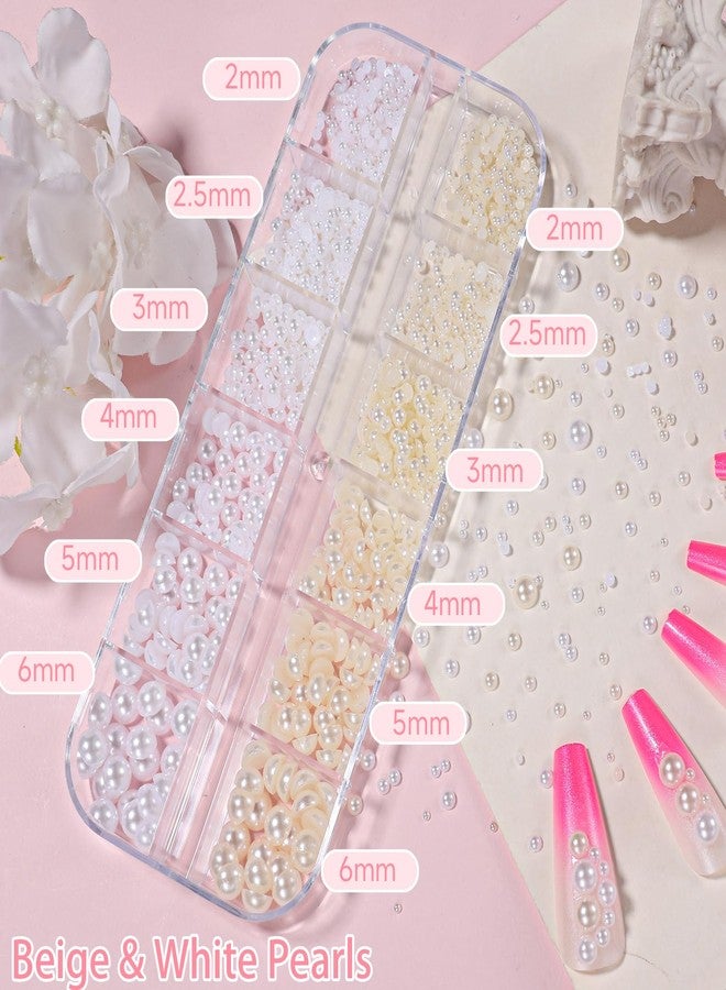 Uotey 2 Boxes Flatback Pearls for Nail, Gold Silver Nail Beads for Nail Art, Mixed Sizes White Beige Half Pearl Nails Charms Gems, ABS Round Plastic Beads Accessories for Acrylic Nails Manicure Decor - Image 2