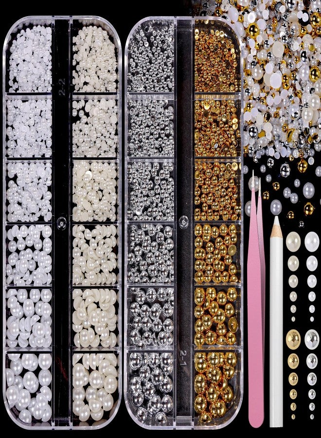 Uotey 2 Boxes Flatback Pearls for Nail, Gold Silver Nail Beads for Nail Art, Mixed Sizes White Beige Half Pearl Nails Charms Gems, ABS Round Plastic Beads Accessories for Acrylic Nails Manicure Decor - Image 1