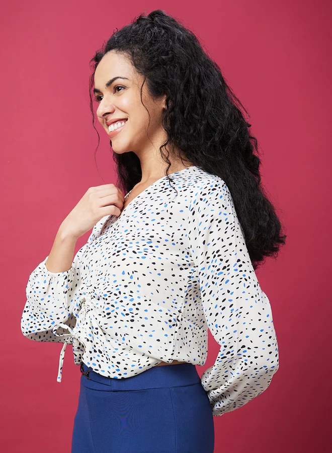 globus Globus Printed V-Neck Ruched Detail Crop Top