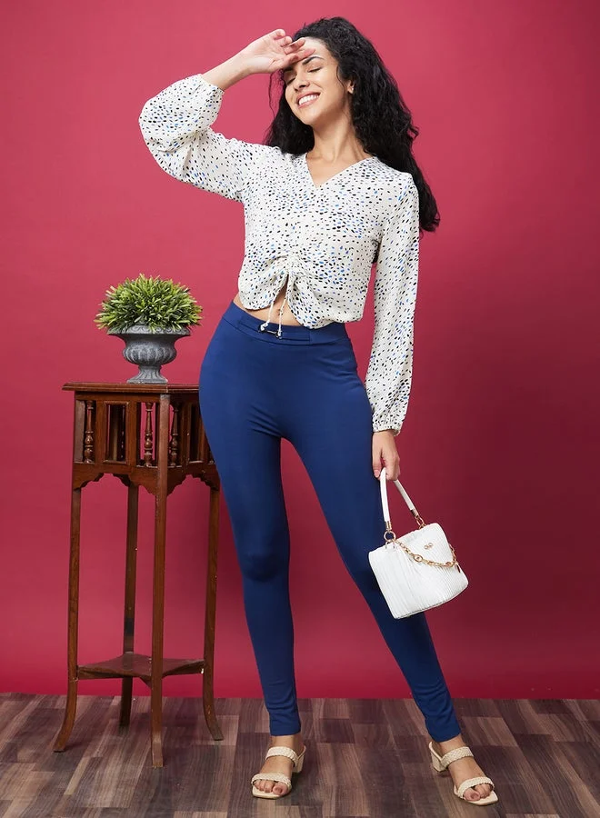 globus Printed V-Neck Ruched Detail Crop Top