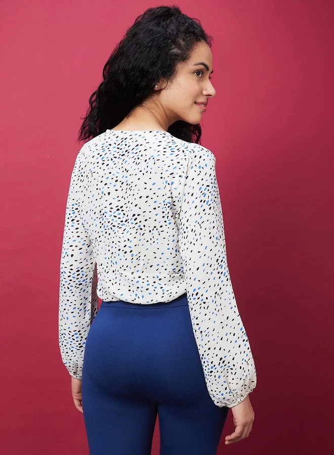 globus Printed V-Neck Ruched Detail Crop Top