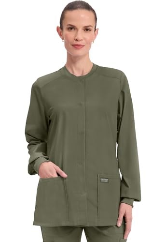 Cherokee Scrub for Women Snap Front Jacket with 3 Pockets, Fade Resistant, 2-Way Stretch, Soft & Durable Fabric - WW340, XL, Olive - Image 1