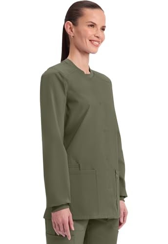 Cherokee Scrub for Women Snap Front Jacket with 3 Pockets, Fade Resistant, 2-Way Stretch, Soft & Durable Fabric - WW340, XL, Olive - Image 5