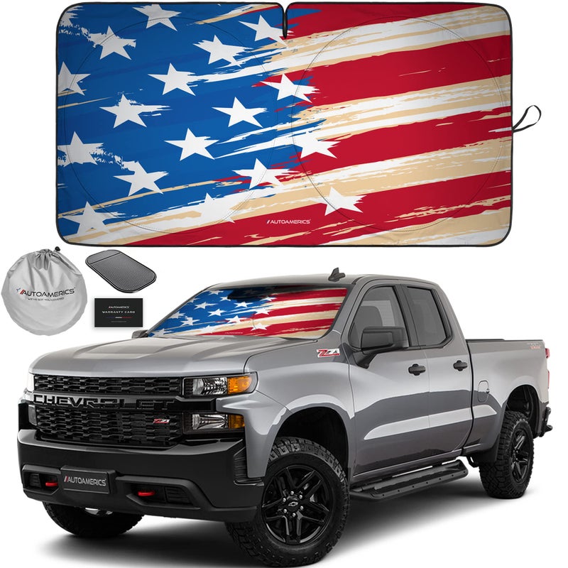Autoamerics 1-Piece Windshield Sun Shade Grunge American Flag - 2 USA Design - Foldable Car Front Window Sunshade for Most Sedans SUV Truck - Blocks Max UV Rays and Keeps Your Vehicle Cool - Large - Image 1