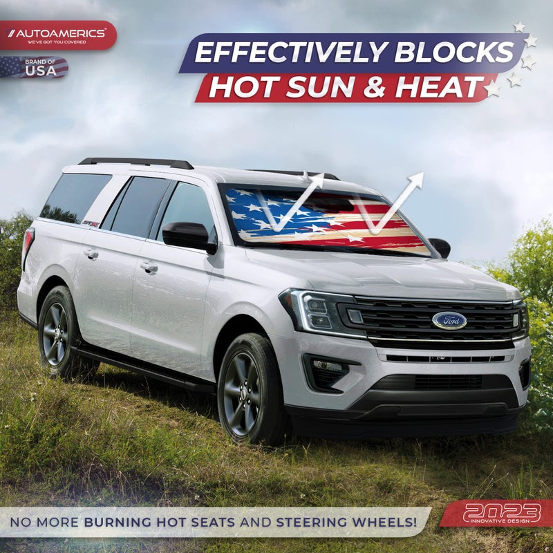 Autoamerics 1-Piece Windshield Sun Shade Grunge American Flag - 2 USA Design - Foldable Car Front Window Sunshade for Most Sedans SUV Truck - Blocks Max UV Rays and Keeps Your Vehicle Cool - Large - Image 3