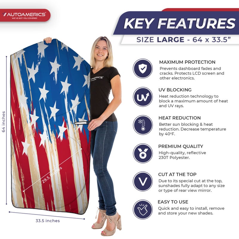 Autoamerics 1-Piece Windshield Sun Shade Grunge American Flag - 2 USA Design - Foldable Car Front Window Sunshade for Most Sedans SUV Truck - Blocks Max UV Rays and Keeps Your Vehicle Cool - Large - Image 2