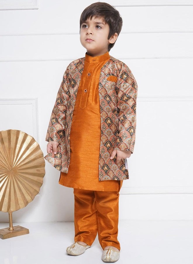 AJ DEZINES Kids Ethnic Wear Raw Silk Printed Rust Indo Western Sherwani Set For Boys (7069-Rust-10) - Image 5