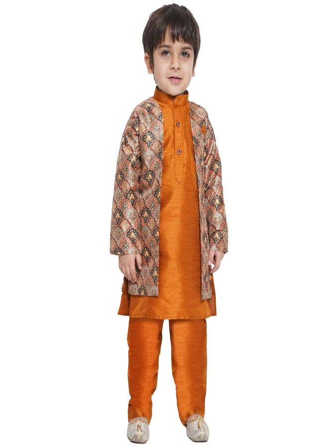 AJ DEZINES Kids Ethnic Wear Raw Silk Printed Rust Indo Western Sherwani Set For Boys (7069-Rust-10) - Image 1