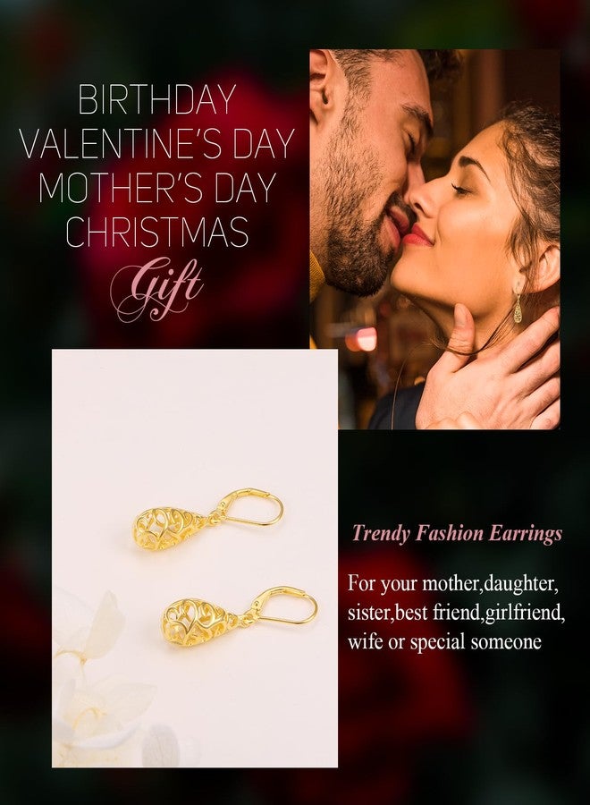 Ladytree 14K Gold Plated Teardrop Filigree Dangle Drop Leverback Earrings Dangling Trendy Dangly Fashion Jewelry for Women Ladies Mother Mom - Image 3