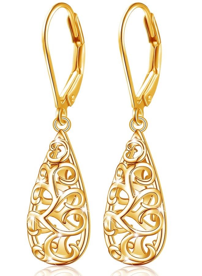Ladytree 14K Gold Plated Teardrop Filigree Dangle Drop Leverback Earrings Dangling Trendy Dangly Fashion Jewelry for Women Ladies Mother Mom - Image 1