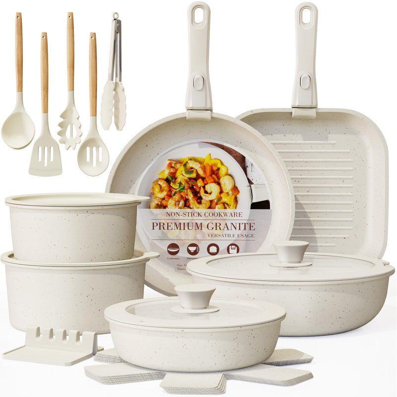 Astercook 23 Pcs Pots and Pans Non Stick Ceramic Cookware Set Detachable Handle, RV Stackable Kitchen Cooking Set Removable Handles, Oven Safe, Induction Ready, Cream White - Image 1