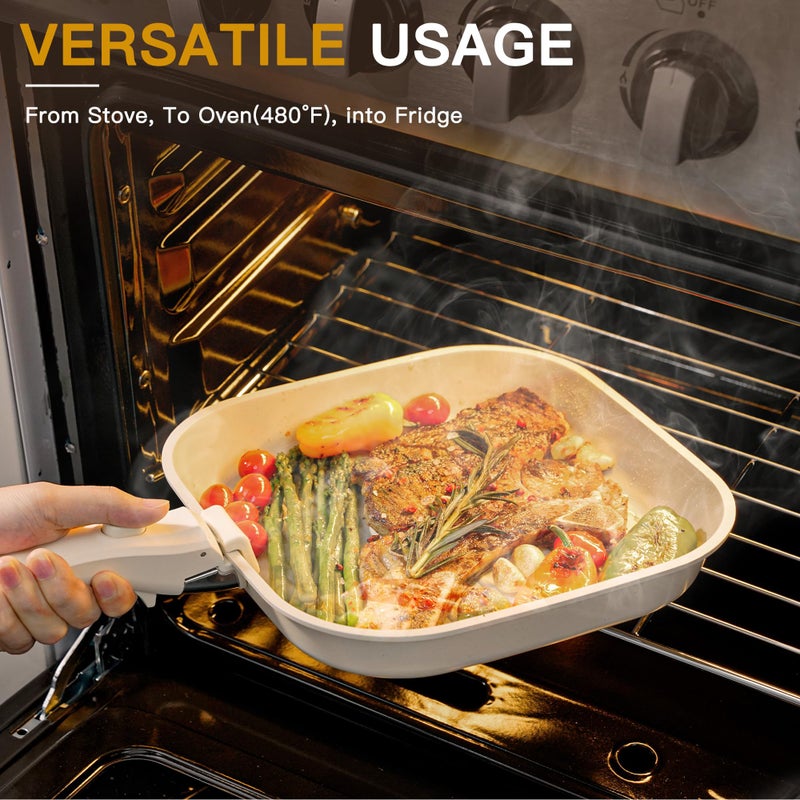 Astercook 23 Pcs Pots and Pans Non Stick Ceramic Cookware Set Detachable Handle, RV Stackable Kitchen Cooking Set Removable Handles, Oven Safe, Induction Ready, Cream White - Image 3