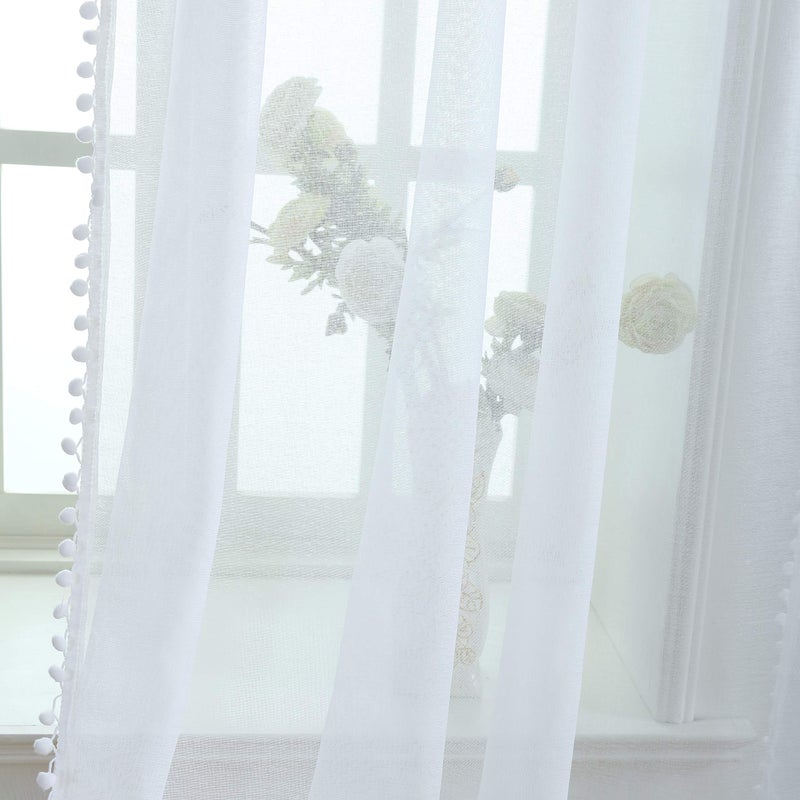 MISS SELECTEX Linen Look Pom Pom Tasseled Sheer Curtains - Rod Pocket Voile Semi-Sheer Curtains for Living and Bedroom, Set of 2 Curtain Panels (52 x 84 inch, White) - Image 2