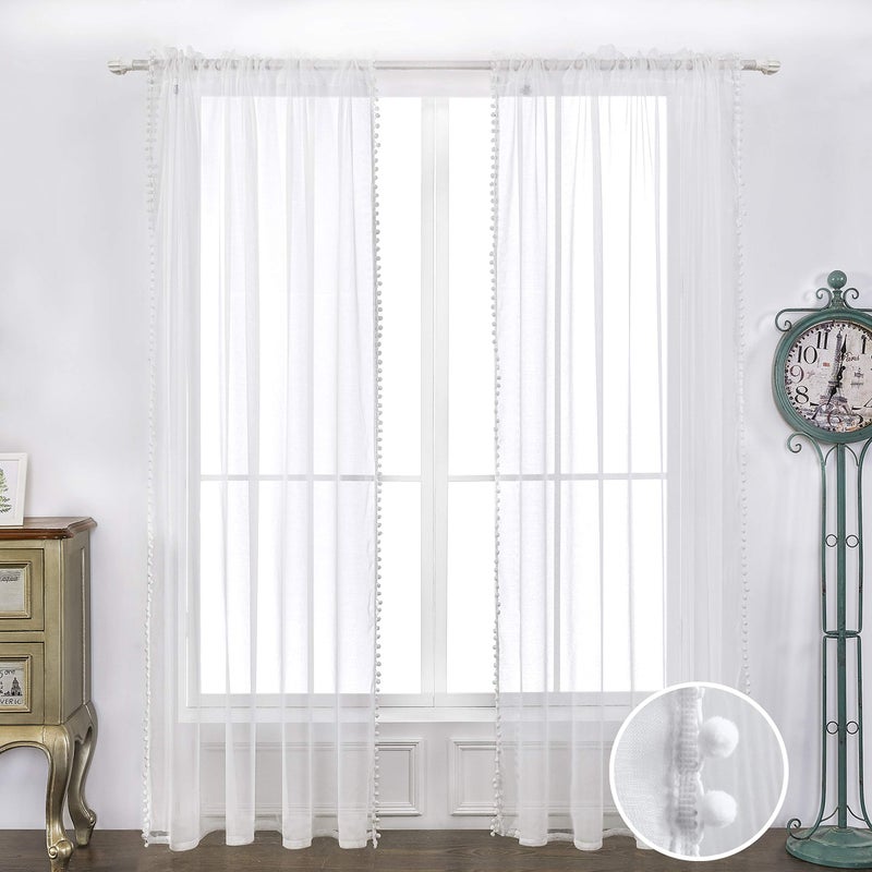 MISS SELECTEX Linen Look Pom Pom Tasseled Sheer Curtains - Rod Pocket Voile Semi-Sheer Curtains for Living and Bedroom, Set of 2 Curtain Panels (52 x 84 inch, White) - Image 3