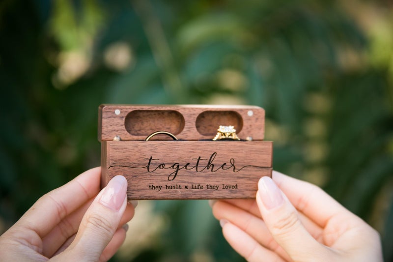 MUUJEE Together Wide Double Ring Box - Engraved Slim Wooden Ring Case Box for Wedding Ceremony Engagement Proposal Ring Bearer Box - Anniversary Birthday Gift Ideas (Together) - Image 3