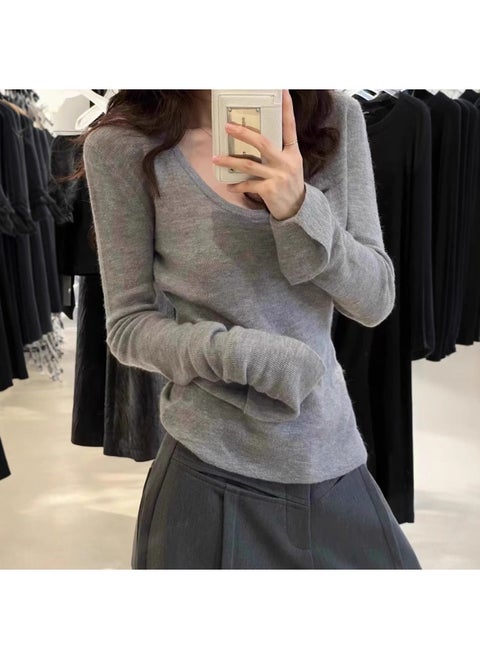 2024 Spring And Autumn New Commuting Simple Solid Color Soft Waxy U-Neck Slim Long-Sleeved Wool Knitted Base Shirt For Women
