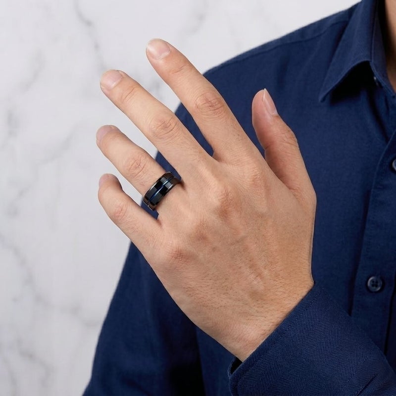 Men's tungsten carbide ring in elegant black, with an attractive blue line and inner cavity, suitable for engagements and happy occasions, for lasting modern elegance! - Image 2