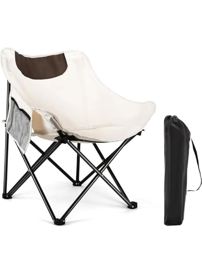 HOOKOR Folding Moon Chair, Lightweight Camping Chair with Side Pocket, Foldable Backpacking Chair Ultra Durable for Outdoor Hiking Beach Travel with Carrying Bag, Supports up to 300LBS (Beige) - Image 1