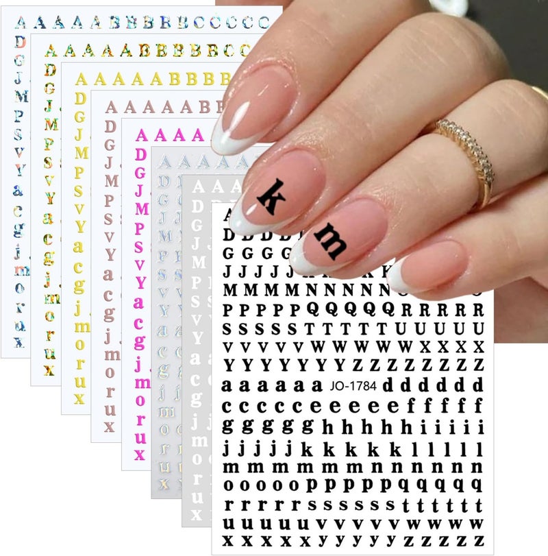 8 Sheets Letter Nail Stickers 3D Self-Adhesive English Alphabet Nail Art Stickers Black White Gold Silver Laser Nail Decals Big Small Letter Stickers Nail Art Supplies for Women Girls DIY Acrylic Nail