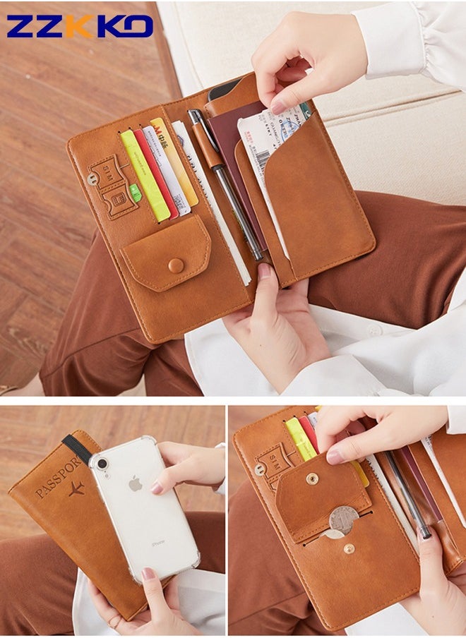 ZZKKO - New Long RFID Travel Passport Holder Large Capacity Multifunctional Travel Document Bag With Coin Purse Brown Pu Mobile Phone Storage Bag - Image 1