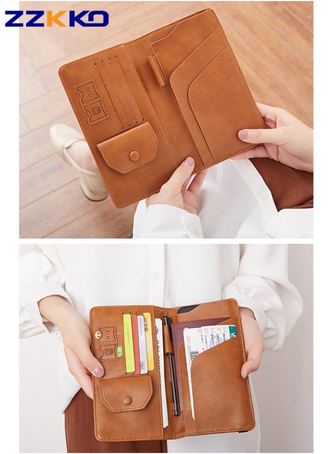 ZZKKO - New Long RFID Travel Passport Holder Large Capacity Multifunctional Travel Document Bag With Coin Purse Brown Pu Mobile Phone Storage Bag - Image 1