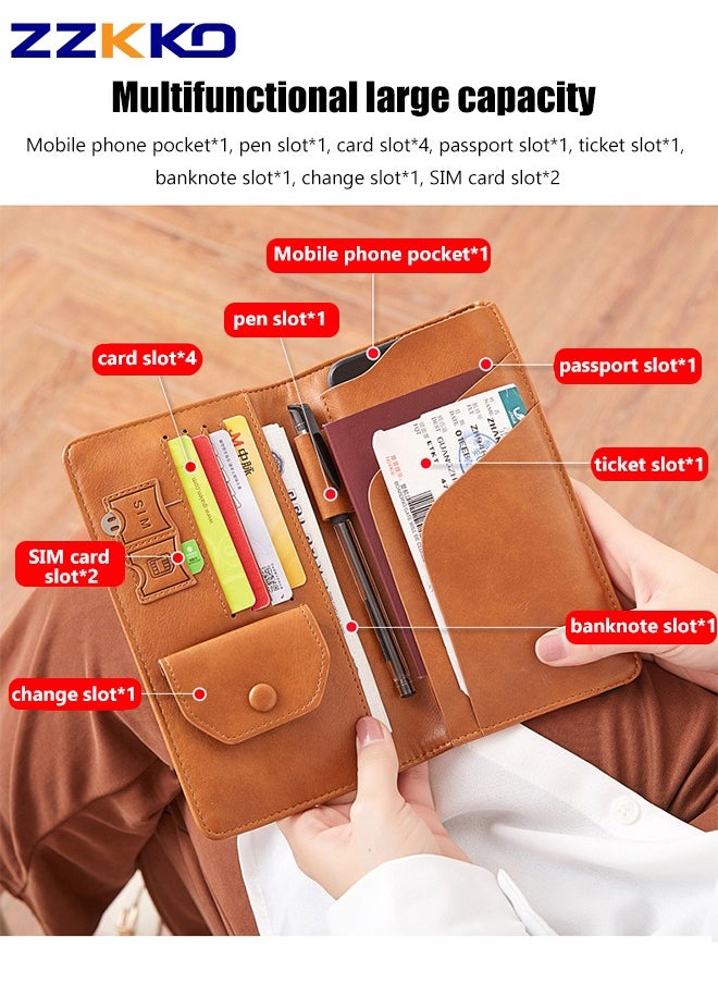 ZZKKO - New Long RFID Travel Passport Holder Large Capacity Multifunctional Travel Document Bag With Coin Purse Brown Pu Mobile Phone Storage Bag - Image 1