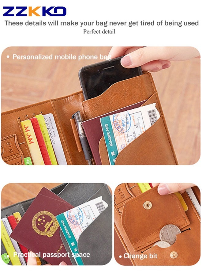 ZZKKO - New Long RFID Travel Passport Holder Large Capacity Multifunctional Travel Document Bag With Coin Purse Brown Pu Mobile Phone Storage Bag - Image 1