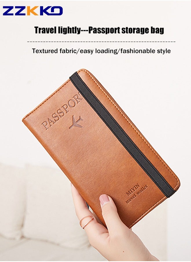 ZZKKO - New Long RFID Travel Passport Holder Large Capacity Multifunctional Travel Document Bag With Coin Purse Brown Pu Mobile Phone Storage Bag - Image 1