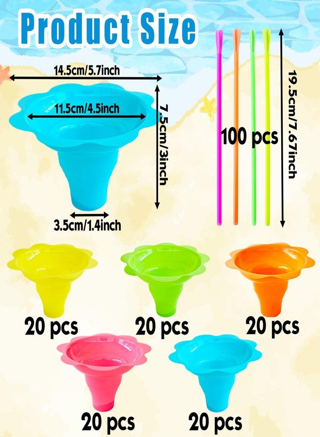 Haawooky 200Pcs 4oz Snow Cone Cups with Spoon Straws,Flower Shaped Ice Cream Snacks Cup,Colorful Reusable Plastic Bowls Easy Grip for Kids Holiday Summer Beach Party Birthday - Image 2