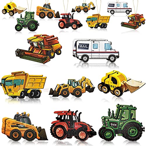 Perthlin Contractor Tools Christmas Tree Ornaments Construction Truck Dump Truck Tractor Bulldozer Excavator Mail Garbage Wooden Hanging Ornaments for Party Xmas Decor32 PcsConstruction - Image 1