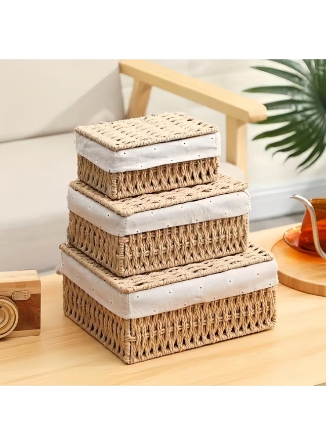 HOME TASTE سلال تخزين من الخوص مع أغطية - مجموعة من 3 صناديق تنظيم مزخرفة محبوكة يدويًا مع بطانات - صناديق مستطيلة للتعشيش للرفوف، المكياج، الوجبات الخفيفة، الحمام والمكتب - نسج من حبل الورق - Image 1